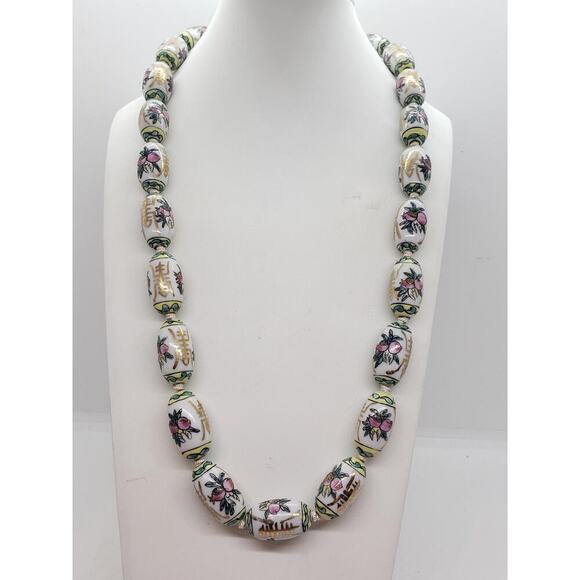 Vintage Chinese Import Porcelain Bead Necklace Hand Painted Gold Clasp Floral - Picture 3 of 9